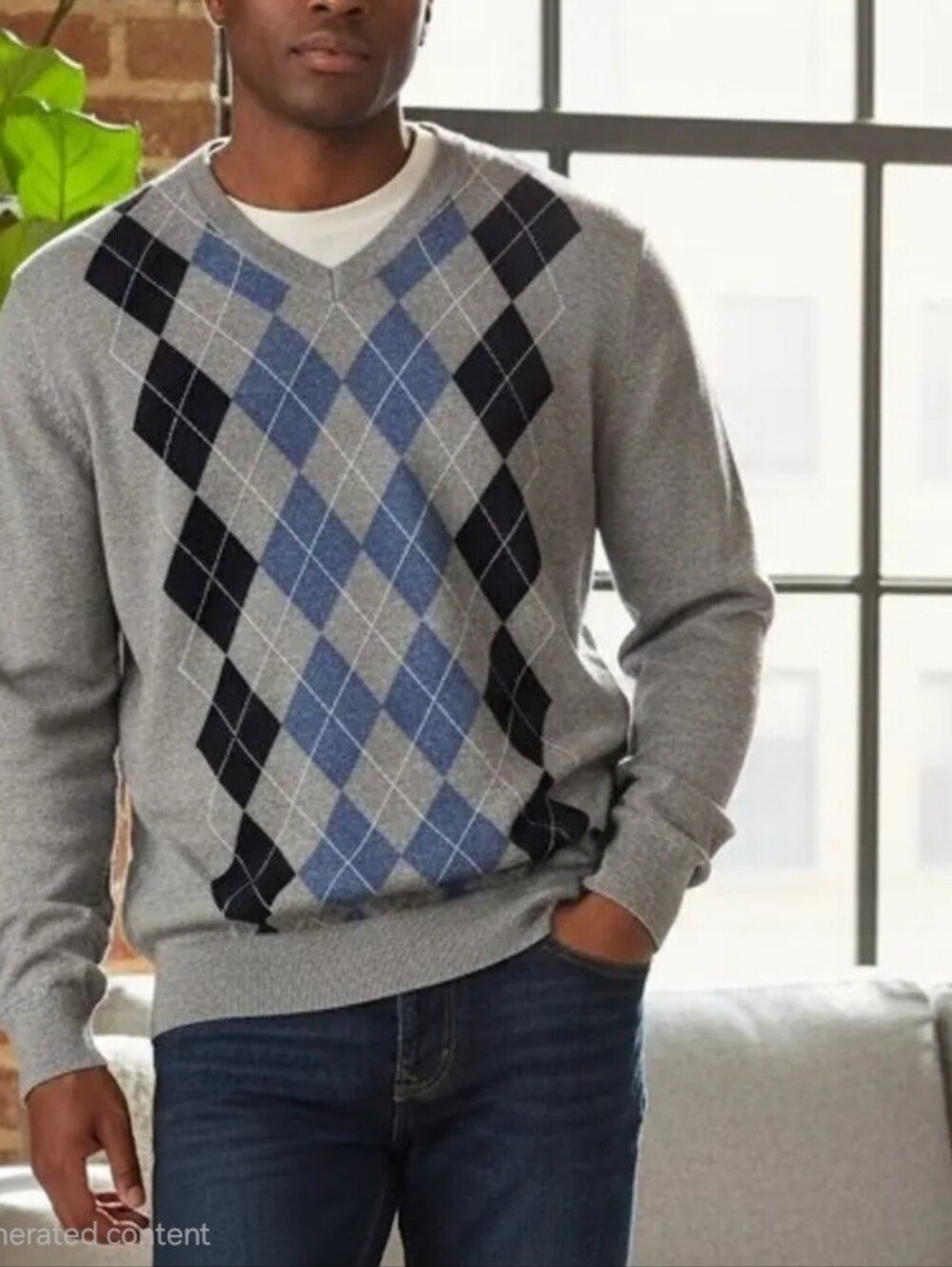 Banana Republic Men’s 100% Extra Fine Merino Wool Argyle V-Neck Sweater L